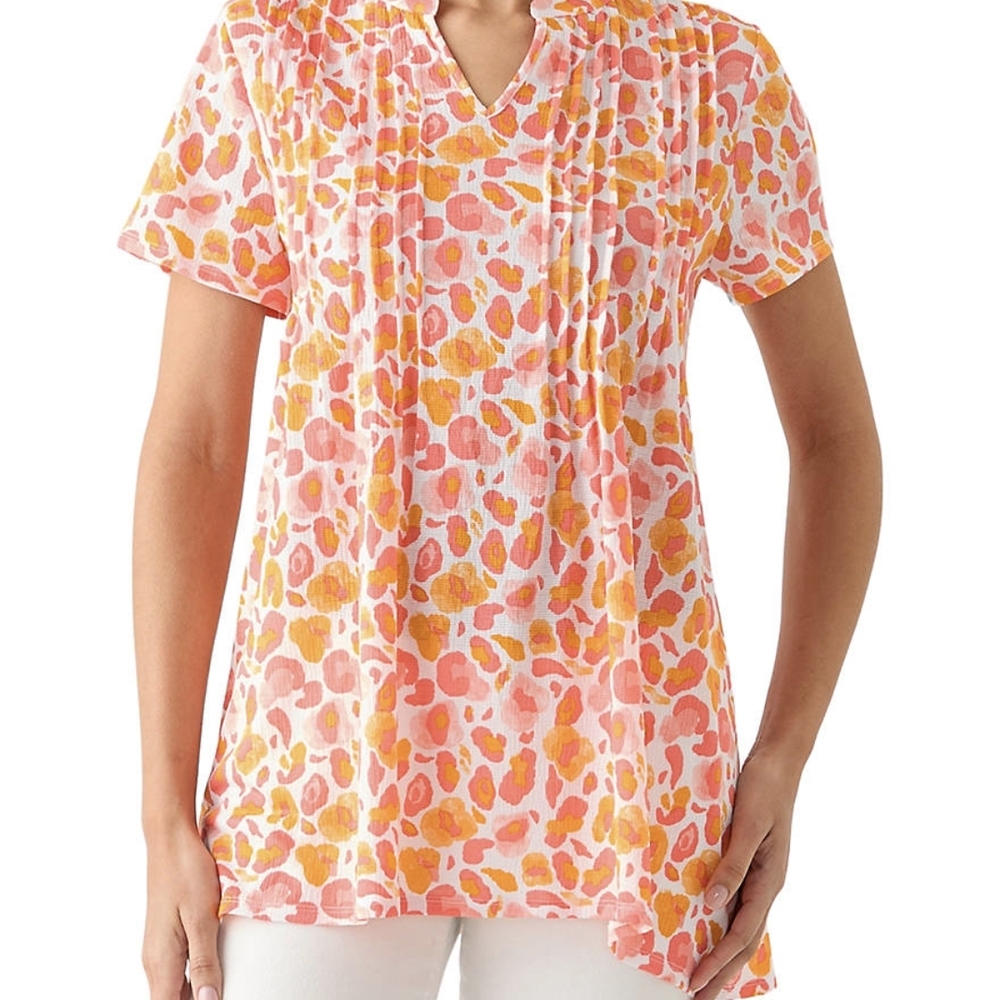 Kim Rogers Pleated Orange and Pink Tunic with Short Sleeves